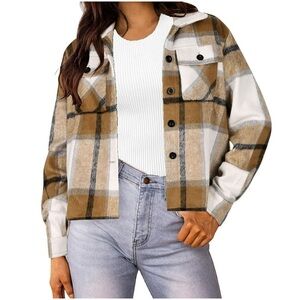 Fall Flannel Cropped Shacket Jacket for Womens Fashion Plaid Button Down Shirt M